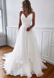 White V-Neck Long Prom Dresses, A-Line Evening Dresses HZ0429