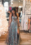 Stylish Tulle Sequins Long Prom Dresses, A-Line Formal Graduation Dresses HZ0429