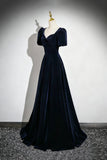 Navy Blue Velvet Prom Dress Short Sleeve Sweetheart Neck A-Line Long Evening Gown HZ0429