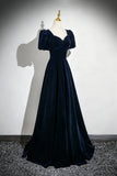 Navy Blue Velvet Prom Dress Short Sleeve Sweetheart Neck A-Line Long Evening Gown HZ0429