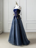 Blue Spaghetti Strap Velvet Long Prom Dress with Star, Blue Evening Dress Party Dress HZ0429