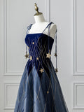 Blue Spaghetti Strap Velvet Long Prom Dress with Star, Blue Evening Dress Party Dress HZ0429