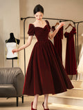 Burgundy Velvet Short Prom Dress, A-Line Short Sleeve Party Dress HZ0429