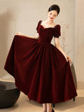 Burgundy Velvet Short Prom Dress, A-Line Short Sleeve Party Dress HZ0429