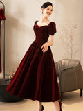 Burgundy Velvet Short Prom Dress, A-Line Short Sleeve Party Dress HZ0429