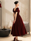 Burgundy Velvet Short Prom Dress, A-Line Short Sleeve Party Dress HZ0429