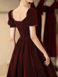 Burgundy Velvet Short Prom Dress, A-Line Short Sleeve Party Dress HZ0429