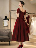Burgundy Velvet Short Prom Dress, A-Line Short Sleeve Party Dress HZ0429