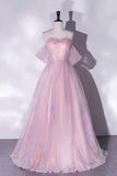 Pink Tulle Sequins Long Prom Dress, A-Line Formal Graduation Dress HZ0429