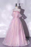 Pink Tulle Sequins Long Prom Dress, A-Line Formal Graduation Dress HZ0429