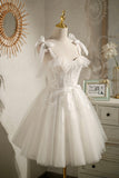 Champagne Tulle Lace Knee Length Prom Dress, Cute A-Line Party Dress HZ0429