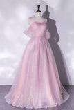 Pink Tulle Sequins Long Prom Dress, A-Line Formal Graduation Dress HZ0429