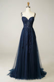 Navy Tulle and Lace Long Prom Dress, Lovely Spaghetti Strap Evening Dress HZ0429