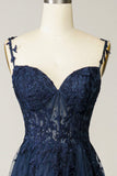Navy Tulle and Lace Long Prom Dress, Lovely Spaghetti Strap Evening Dress HZ0429