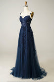 Navy Tulle and Lace Long Prom Dress, Lovely Spaghetti Strap Evening Dress HZ0429