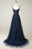 Navy Tulle and Lace Long Prom Dress, Lovely Spaghetti Strap Evening Dress HZ0429