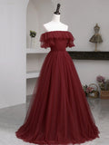 Burgundy Tulle Floor Length Prom Dress, Simple A-Line Evening Party Dress HZ0429