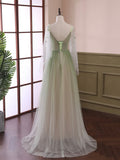 Light Green Tulle Long Sleeve Prom Dress, Green Gradient Floor Length Evening Dress HZ0429