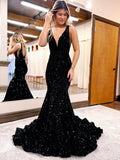 Mermaid V-Neck Sequins Long Prom Dress, Mermaid Evening Dress HZ0429