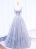 Gray Spaghetti Strap Tulle Long Prom Dress, Gray A-Line Evening Party Dress HZ0429