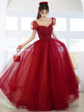 Burgundy Tulle Sequins Long Prom Dress, A-Line Scoop Neckline Evening Party Dress HZ0429