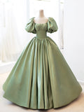 Green Satin Formal Evening Gown with  Puff Sleeve, A-Line Long Prom Dress HZ0429