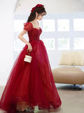 Burgundy Tulle Sequins Long Prom Dress, A-Line Scoop Neckline Evening Party Dress HZ0429