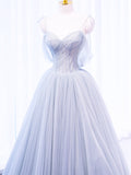 Gray Spaghetti Strap Tulle Long Prom Dress, Gray A-Line Evening Party Dress HZ0429