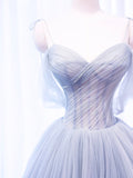 Gray Spaghetti Strap Tulle Long Prom Dress, Gray A-Line Evening Party Dress HZ0429