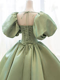 Green Satin Formal Evening Gown with  Puff Sleeve, A-Line Long Prom Dress HZ0429