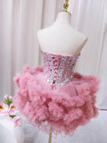 Pink Sweetheart Neckline Tulle Short Prom Dress with Rhinestones, Cute Party Dress HZ0429