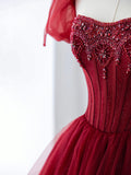 Burgundy Tulle Beaded Long Prom Dress, A-Line Formal Evening Dress HZ0429
