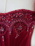 Burgundy Tulle Beaded Long Prom Dress, A-Line Formal Evening Dress HZ0429