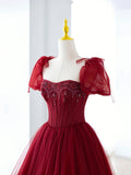 Burgundy Tulle Beaded Long Prom Dress, A-Line Formal Evening Dress HZ0429