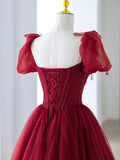 Burgundy Tulle Beaded Long Prom Dress, A-Line Formal Evening Dress HZ0429