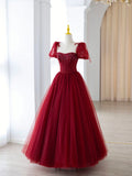 Burgundy Tulle Beaded Long Prom Dress, A-Line Formal Evening Dress HZ0429
