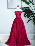 Burgundy Strapless Tulle Prom Dress, Burgundy Long Formal Dress HZ0429
