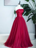 Burgundy Strapless Tulle Prom Dress, Burgundy Long Formal Dress HZ0429