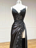 Black V-Neck Satin Lace Long Prom Dress, Black Spaghetti Strap Evening Dress with Slit HZ0429
