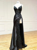 Black V-Neck Satin Lace Long Prom Dress, Black Spaghetti Strap Evening Dress with Slit HZ0429