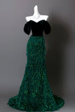 Emerald Green Fringe Mermaid Prom Dress Off-the-Shoulder Velvet Bodice Formal Evening Gown HZ0429