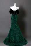 Emerald Green Fringe Mermaid Prom Dress Off-the-Shoulder Velvet Bodice Formal Evening Gown HZ0429