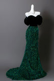 Emerald Green Fringe Mermaid Prom Dress Off-the-Shoulder Velvet Bodice Formal Evening Gown HZ0429
