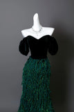 Emerald Green Fringe Mermaid Prom Dress Off-the-Shoulder Velvet Bodice Formal Evening Gown HZ0429