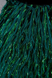 Emerald Green Fringe Mermaid Prom Dress Off-the-Shoulder Velvet Bodice Formal Evening Gown HZ0429