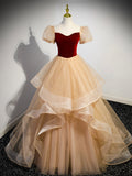 Cute Velvet Tulle Long Prom Dress, A-Line Short Sleeve Formal Dress HZ0429