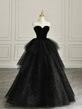 Black Strapless Tulle Formal Dress with Velvet, A-Line Sweetheart Neck Long Prom Dress HZ0429