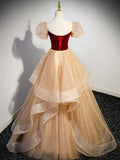 Cute Velvet Tulle Long Prom Dress, A-Line Short Sleeve Formal Dress HZ0429
