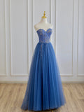 Blue Strapless Tulle Long Prom Dress with Beaded, A-Line Evening Formal Dress HZ0429