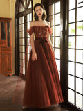 Off Shoulder Tulle Long Prom Dresses, Beautiful A Line Tulle Evening Dresses HZ0429